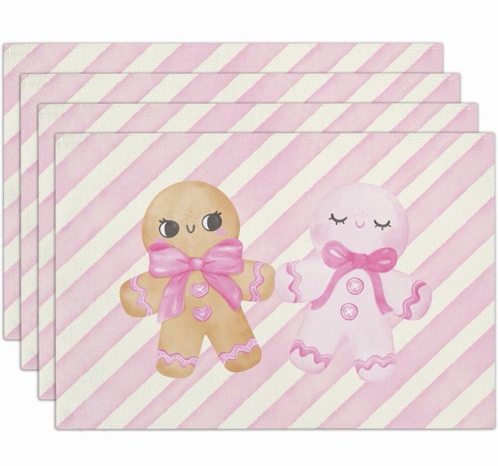 Gingerbread Christmas Placemats Set of 4, 12x18” Pink